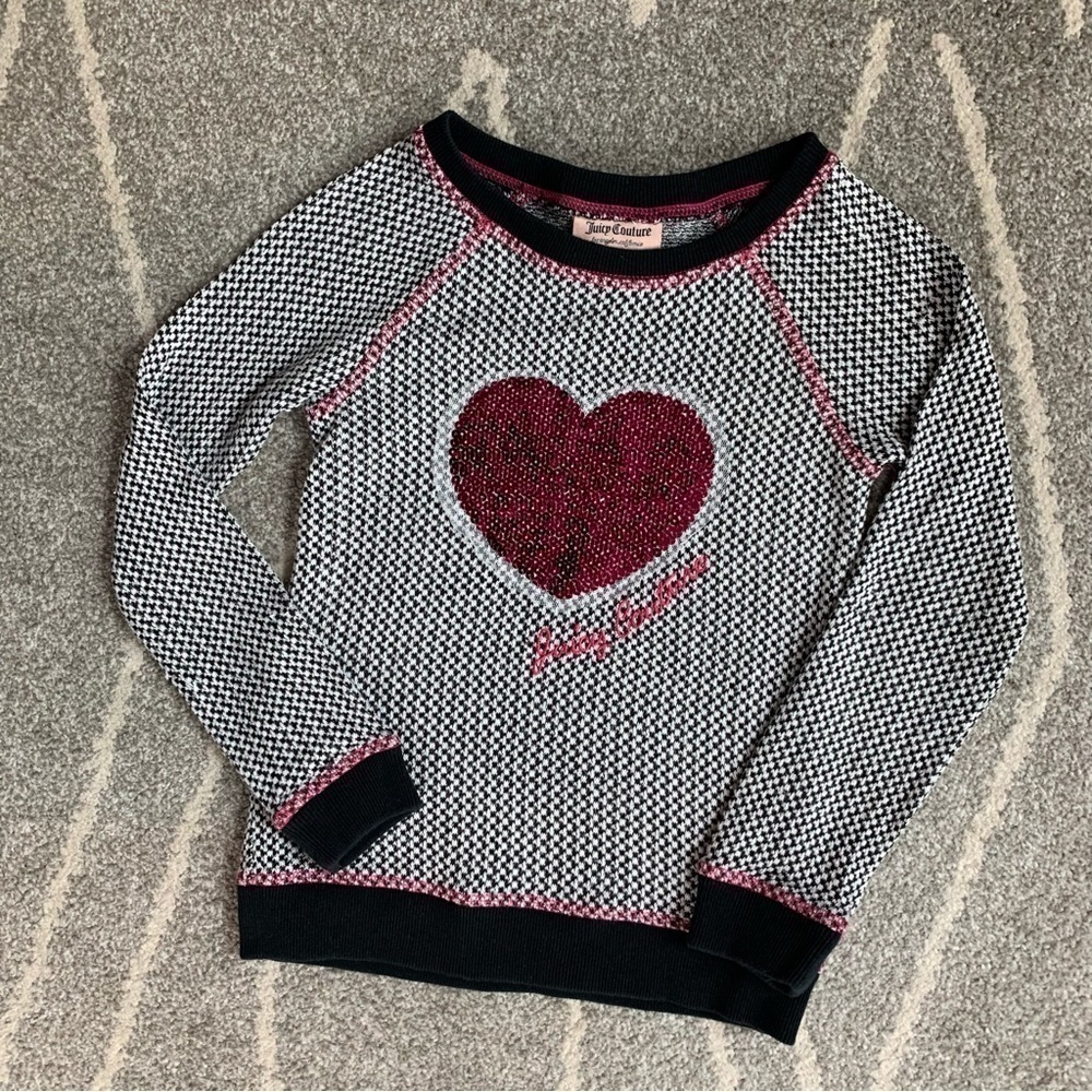 Juicy Couture Black & White Houndstooth Sweater w/ Hot Pink Sequin Heart Size 5